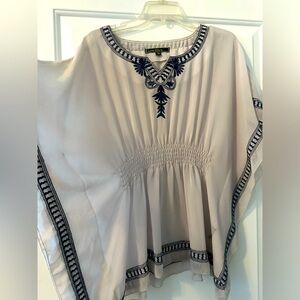 Sheer love stitch blouse. Gray with navy blue embroidery